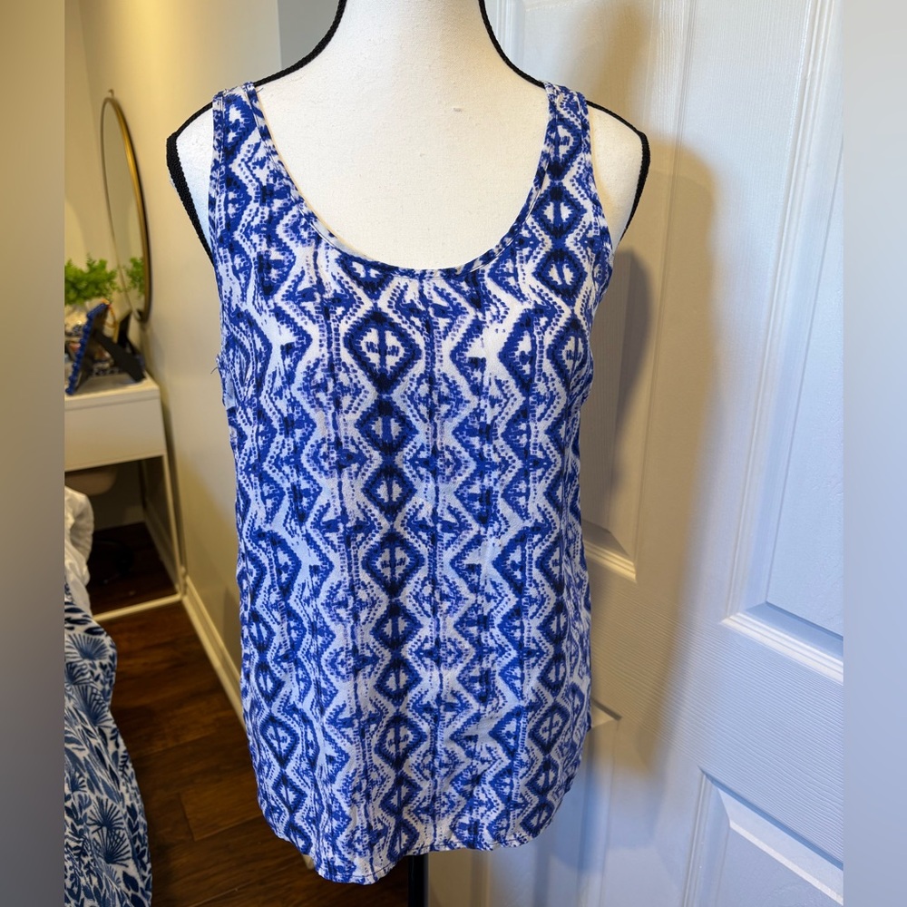 Cynthia Rowley 100% Silk Ikat Print Tank Blouse Blue White Size Small